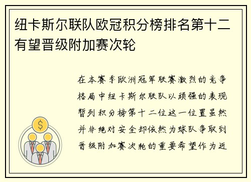 纽卡斯尔联队欧冠积分榜排名第十二有望晋级附加赛次轮