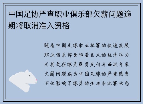 中国足协严查职业俱乐部欠薪问题逾期将取消准入资格