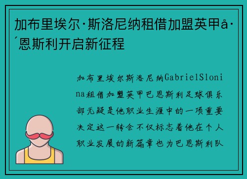 加布里埃尔·斯洛尼纳租借加盟英甲巴恩斯利开启新征程