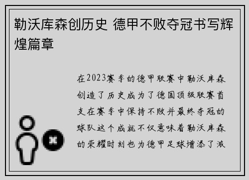 勒沃库森创历史 德甲不败夺冠书写辉煌篇章