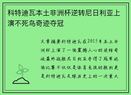 科特迪瓦本土非洲杯逆转尼日利亚上演不死鸟奇迹夺冠 科特迪瓦本土非洲杯逆转尼日利亚上演不死鸟奇迹夺冠